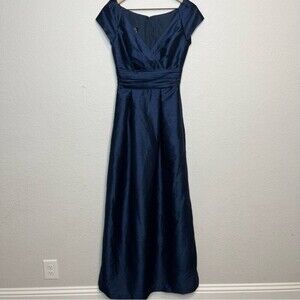 Alfred Sung Women Formal Gown 2‎ Midnight Blue Satin Cap Sleeve V-Neck Ball
